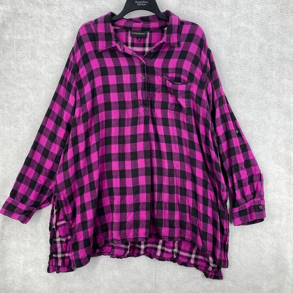 Lane‎ Brant Plaid Tunic Top Womens 22/24 Purple Black Button Up Blouse Shirt - Picture 1 of 13